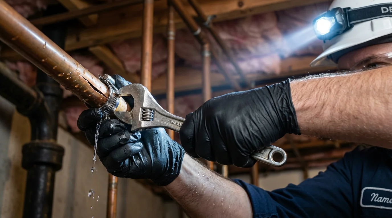 Emergency pipe clamp repair being performed by a Johns Plumbing LLC plumber in River Edge