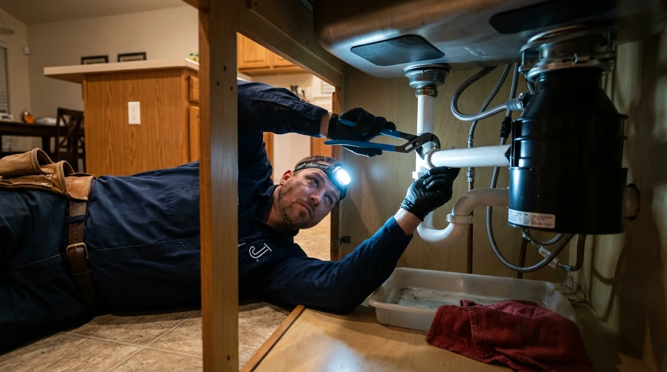 P-trap and supply line connections under a kitchen sink showing a common leak point in River Edge, NJ